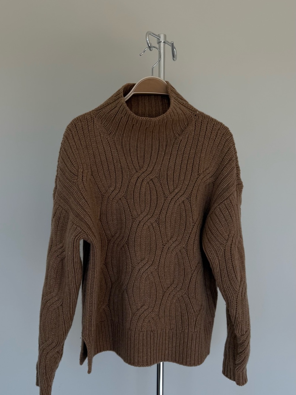 Brown Cable Knit Mock Neck Sweater